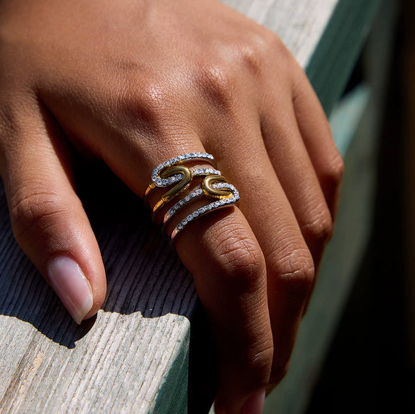 Stainless Steel 18K Goldplated Stacking Ring With Diamonds And Ushaped Design For Women