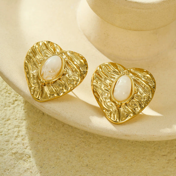 Stainless Steel 18K Vintage Electroplated Peach Heart Inlaid Natural Stone Women's Earrings