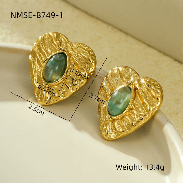 Stainless Steel 18K Vintage Electroplated Peach Heart Inlaid Natural Stone Women's Earrings