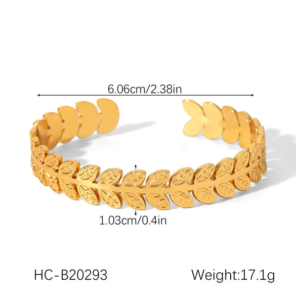 Stainless Steel Leaf Adjustable Open Bracelet For Women Light Luxury Style Electroplated