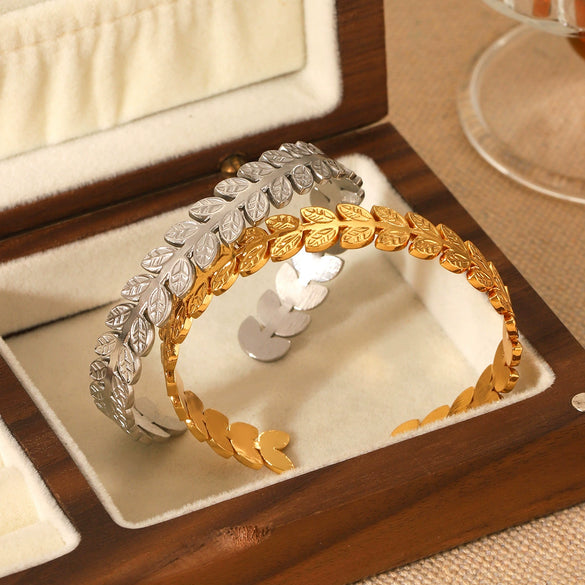 Stainless Steel Leaf Adjustable Open Bracelet For Women Light Luxury Style Electroplated