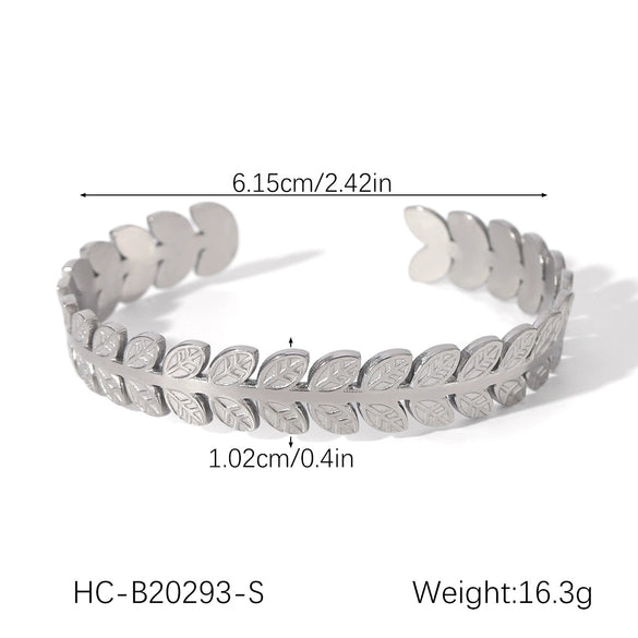 Stainless Steel Leaf Adjustable Open Bracelet For Women Light Luxury Style Electroplated