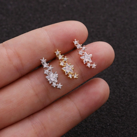 Stainless Steel Leaf Fivepointed Star Zircon Inlaid Earrings