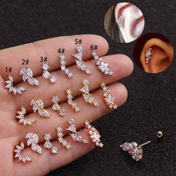 Stainless Steel Leaf Fivepointed Star Zircon Inlaid Earrings