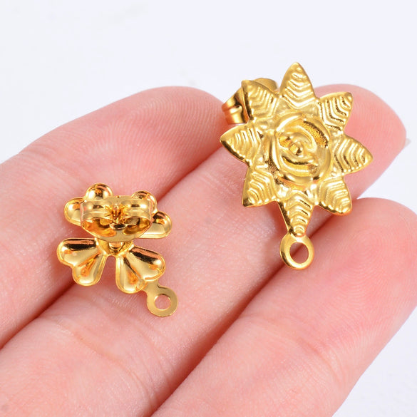Stainless Steel Leaf Flower Stud Earrings Handmade With Electroplating And Multishape Design