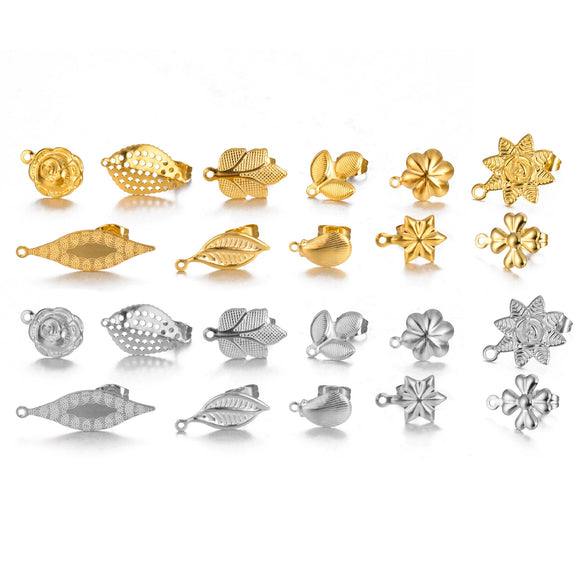 Stainless Steel Leaf Flower Stud Earrings Handmade With Electroplating And Multishape Design
