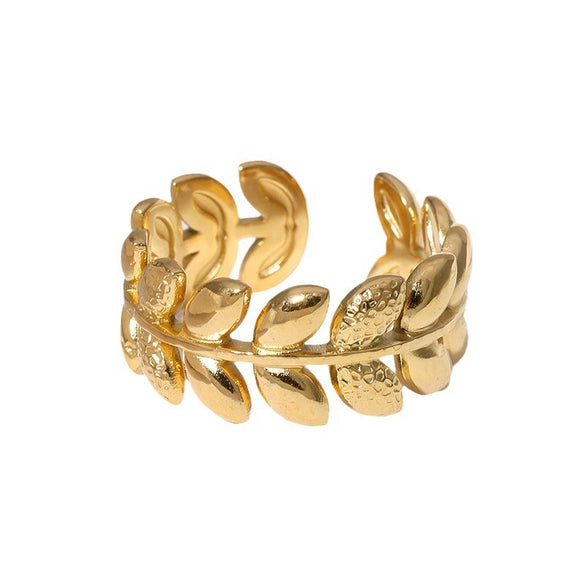 Stainless Steel Leaf Open Adjustable Ring 18K Gold Plated