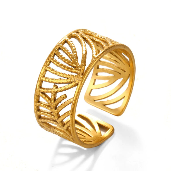 Stainless Steel Leaf Ring For Women Simple Style Real Gold Electroplated