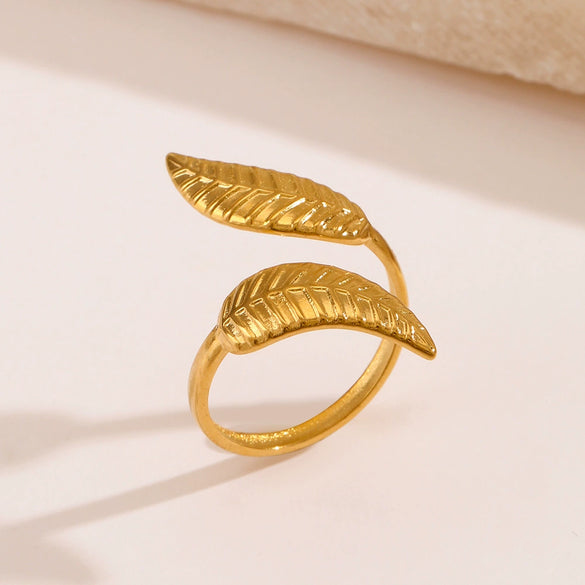 Stainless Steel Leaf Ring 18K Goldplated Electroplating For Women