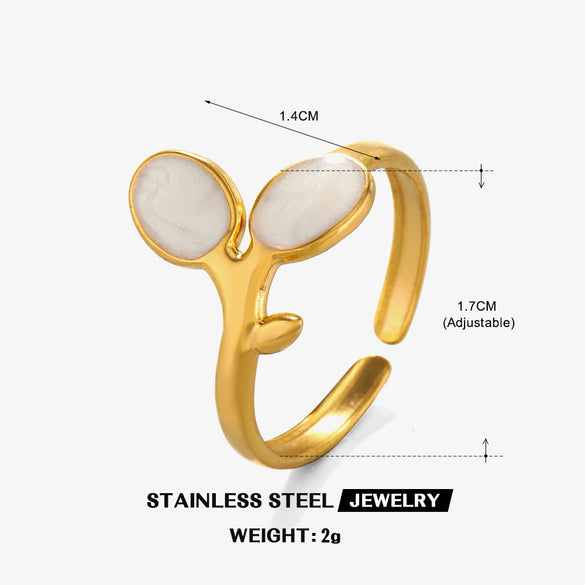 Stainless Steel Leaves Black And White Oil Drop Hip Hop Opening Adjustable Electroplated Ring For Women