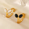 Stainless Steel Leaves Black And White Oil Drop Hip Hop Opening Adjustable Electroplated Ring For Women