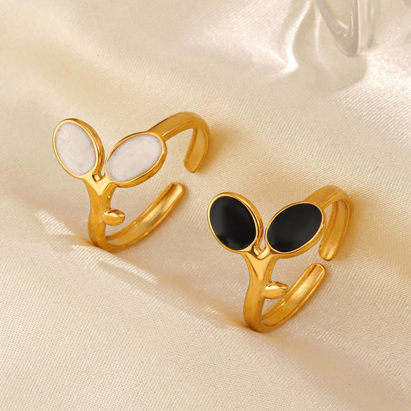 Stainless Steel Leaves Black And White Oil Drop Hip Hop Opening Adjustable Electroplated Ring For Women