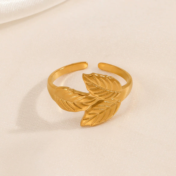 Stainless Steel Leaves Ring Electroplated Women's Fashion Adjustable Nonfading