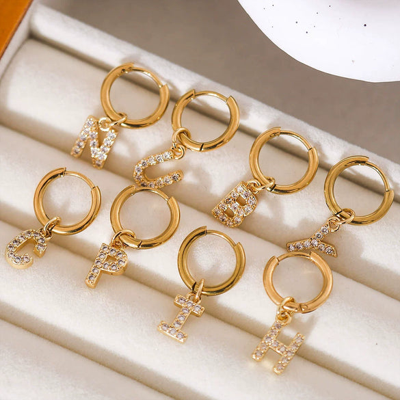 Stainless Steel Letter Pattern Zircon Inlaid Electroplated Earrings