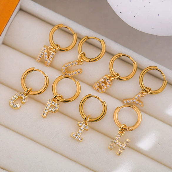 Stainless Steel Letter Pattern Zircon Inlaid Electroplated Earrings