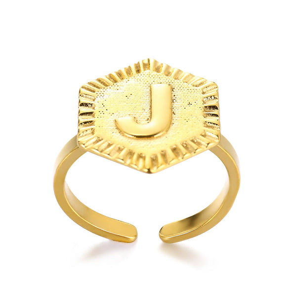 Stainless Steel Letter Pendant Open Ring With Hexagonal Design Gold Plated Minimalist Unisex Fashion Jewelry