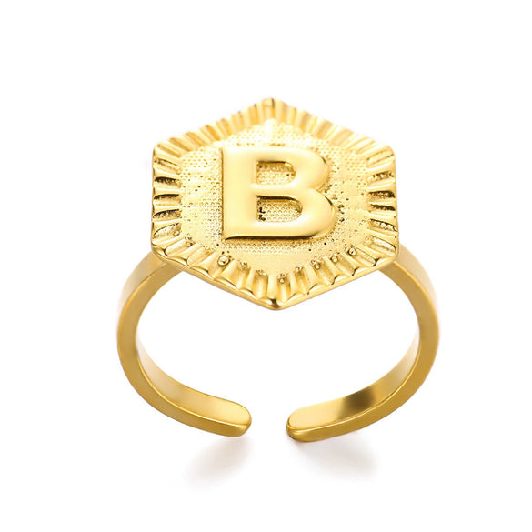 Stainless Steel Letter Pendant Open Ring With Hexagonal Design Gold Plated Minimalist Unisex Fashion Jewelry
