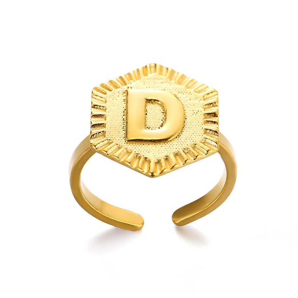 Stainless Steel Letter Pendant Open Ring With Hexagonal Design Gold Plated Minimalist Unisex Fashion Jewelry
