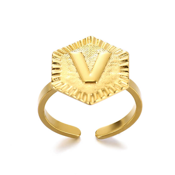 Stainless Steel Letter Pendant Open Ring With Hexagonal Design Gold Plated Minimalist Unisex Fashion Jewelry
