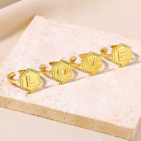 Stainless Steel Letter Pendant Open Ring With Hexagonal Design Gold Plated Minimalist Unisex Fashion Jewelry