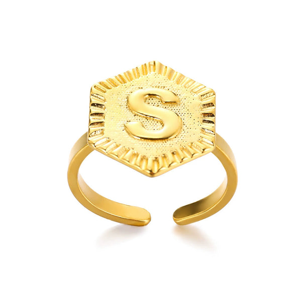 Stainless Steel Letter Pendant Open Ring With Hexagonal Design Gold Plated Minimalist Unisex Fashion Jewelry