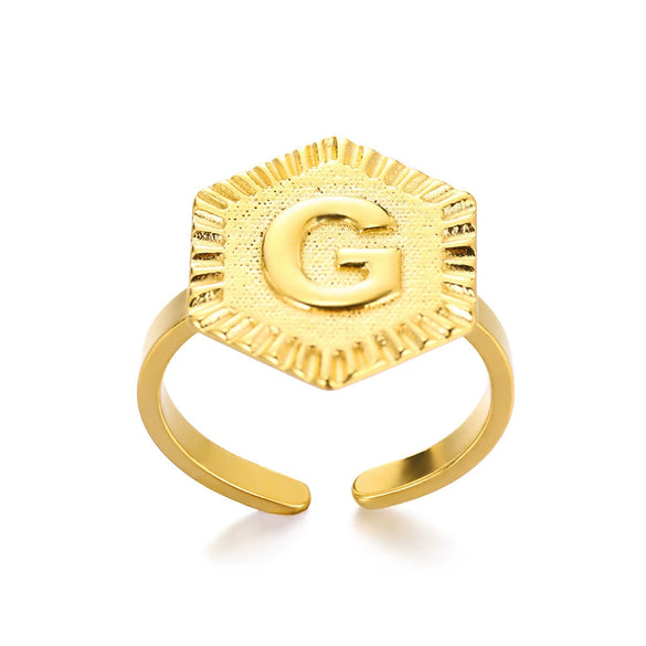 Stainless Steel Letter Pendant Open Ring With Hexagonal Design Gold Plated Minimalist Unisex Fashion Jewelry