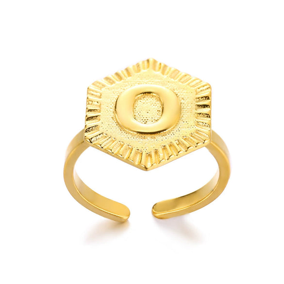 Stainless Steel Letter Pendant Open Ring With Hexagonal Design Gold Plated Minimalist Unisex Fashion Jewelry