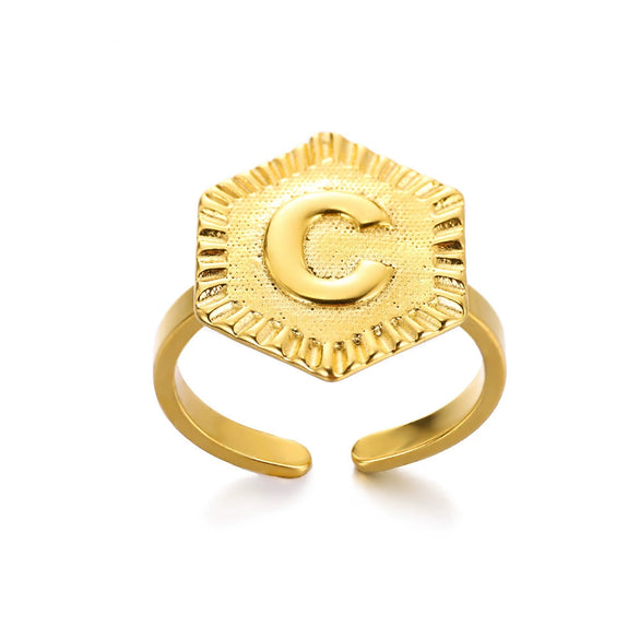 Stainless Steel Letter Pendant Open Ring With Hexagonal Design Gold Plated Minimalist Unisex Fashion Jewelry