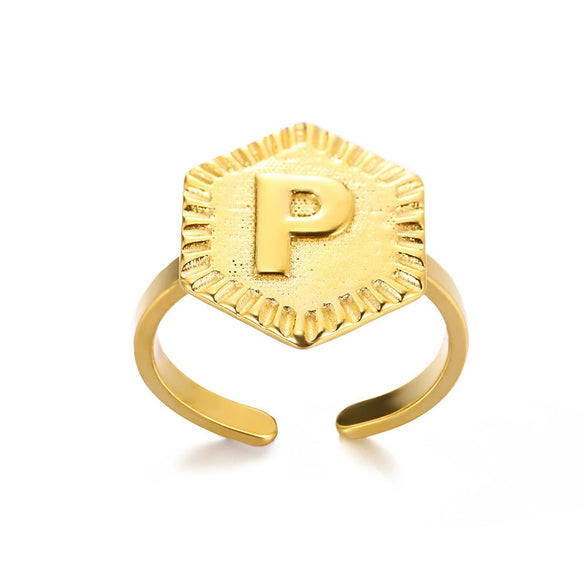 Stainless Steel Letter Pendant Open Ring With Hexagonal Design Gold Plated Minimalist Unisex Fashion Jewelry