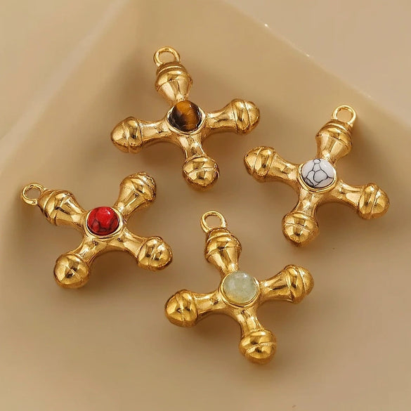 Stainless Steel Light Luxury Style Inlaid Natural Stone Cross Pendant Handmade Bracelet Necklace