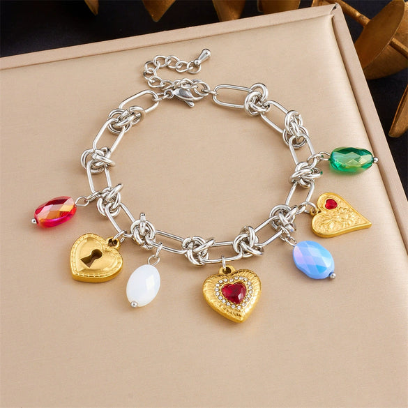 Stainless Steel Love Bow Round Plate Flower Pendant Stitching Electroplated Geometric And Heart Shape Women's Bracelet