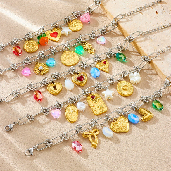 Stainless Steel Love Bow Round Plate Flower Pendant Stitching Electroplated Geometric And Heart Shape Women's Bracelet