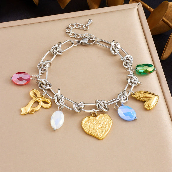 Stainless Steel Love Bow Round Plate Flower Pendant Stitching Electroplated Geometric And Heart Shape Women's Bracelet