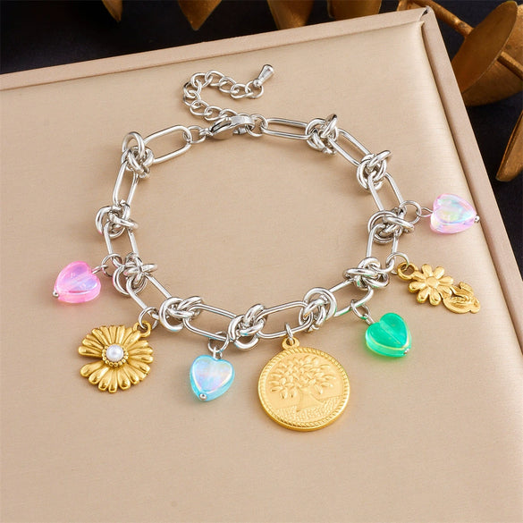 Stainless Steel Love Bow Round Plate Flower Pendant Stitching Electroplated Geometric And Heart Shape Women's Bracelet