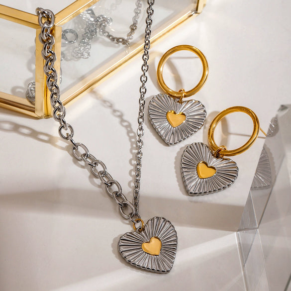 Stainless Steel Love Earrings Pendant Necklace Jewelry With Color Matching And Electroplating