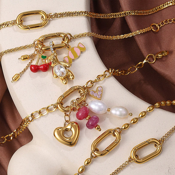 316L Stainless Steel Love Hollow Croissant Bracelet With Natural Stone Pearl Electroplating