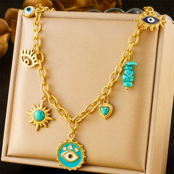 Stainless Steel Love Sun Mang Star Drop Oil Eyes Pendant Necklace With Heart Shape Pattern And Electroplating Process For Women