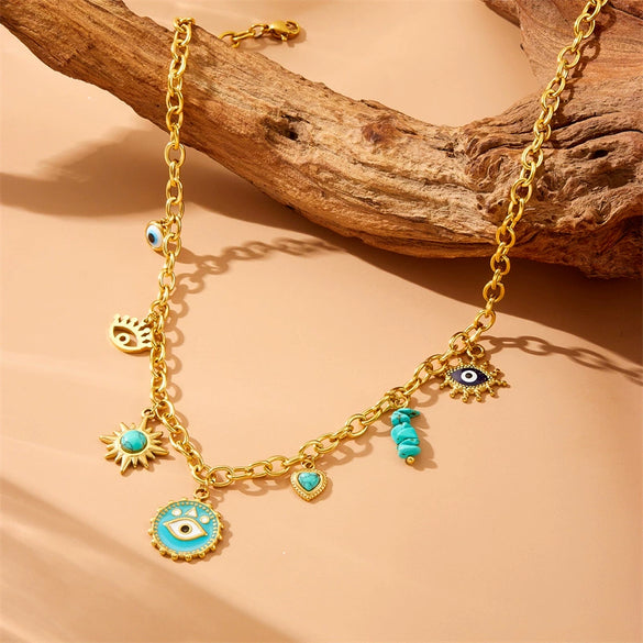Stainless Steel Love Sun Mang Star Drop Oil Eyes Pendant Necklace With Heart Shape Pattern And Electroplating Process For Women