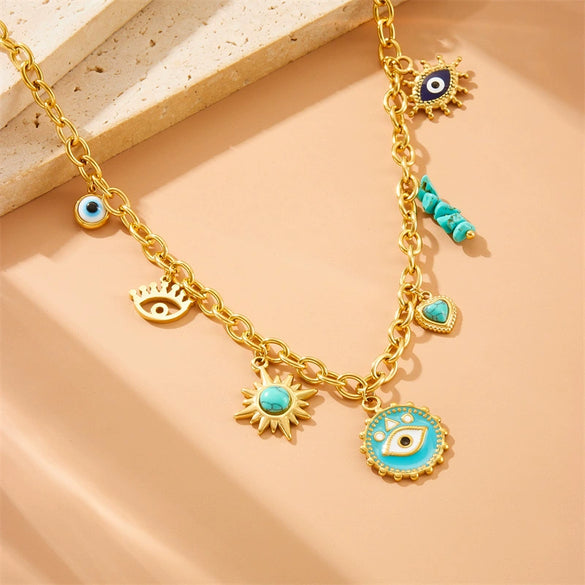 Stainless Steel Love Sun Mang Star Drop Oil Eyes Pendant Necklace With Heart Shape Pattern And Electroplating Process For Women