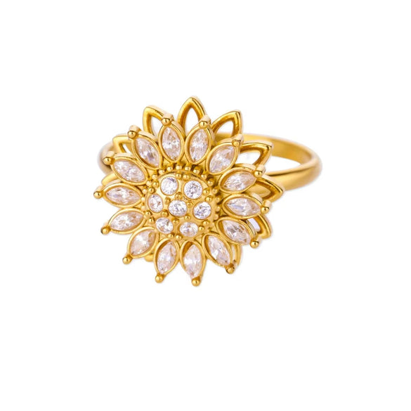 Stainless Steel Luxury Women's Ring With Colorful Enamel Sunflower And Drop Shape Electroplated