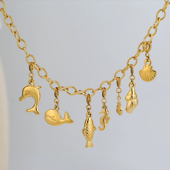 Stainless Steel Marine Life Starfish Shell Conch Love Cross Pendant Necklace Accessories With Electroplating Animal Zodiac Design