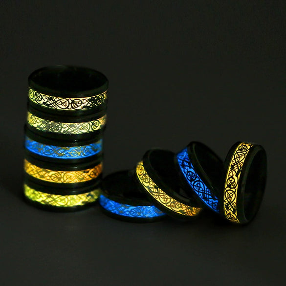 Stainless Steel Men's Rings With Dragon And Zodiac Pattern Luminous Colors Popular Jewelry