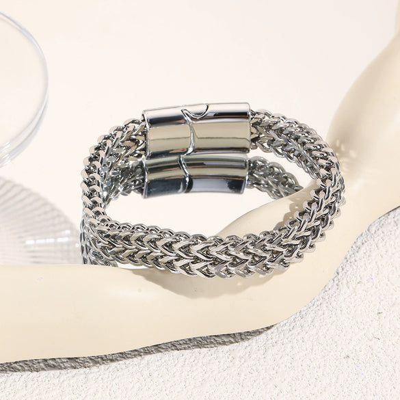 Stainless Steel Mesh Double Row Braided Bracelet With Magnet Buckle And Electroplating