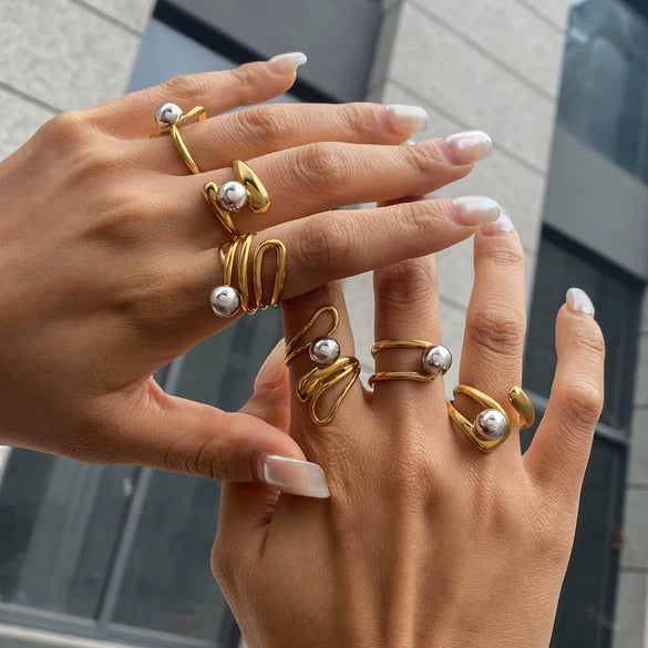 Stainless Steel Metal Ball Geometric Style Ring With Electroplating For Women