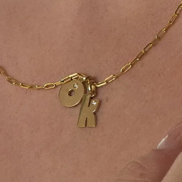 Stainless Steel Minimalist Letter Necklace Pendant With Zircon Inlay And Electroplating Process