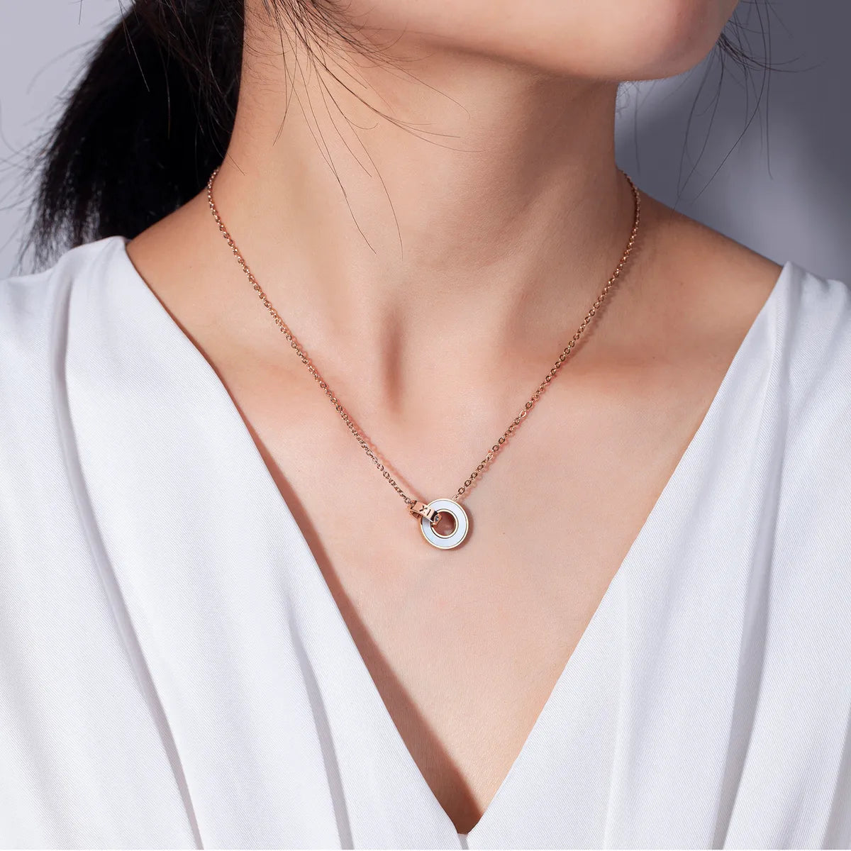 Stainless Steel Modern Style Simple Style Double Ring Plating Inlay Shell Zircon Necklace