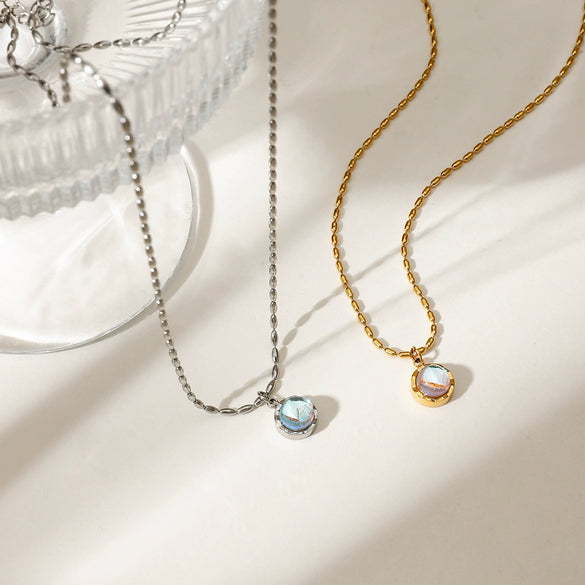 Stainless Steel Moonstone Pull Feldspar Pendant Necklace With Electroplating And Clavicle Chain For Women