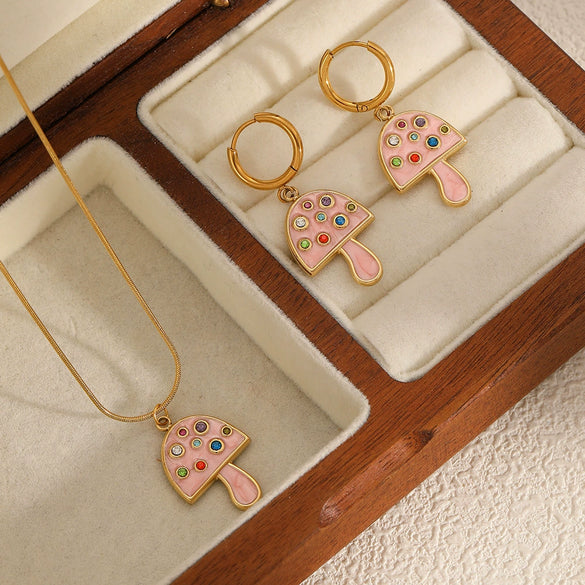 Stainless Steel Mushroom Geometric Colored Diamond Jewelry Set Necklace And Earrings