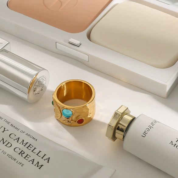 Stainless Steel Natural And Synthetic Stone Ring With Geometric Star Moon Pattern And Electroplating For Women