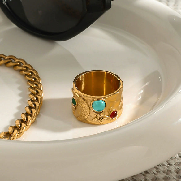 Stainless Steel Natural And Synthetic Stone Ring With Geometric Star Moon Pattern And Electroplating For Women